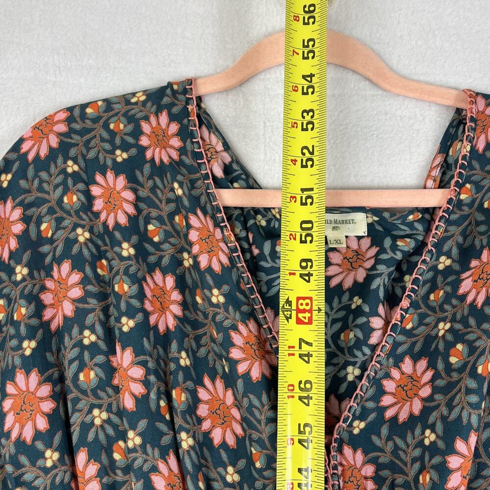World Market Maxi Dress Women's Size Large Blue/Pink Floral V-Neck Flared Sleeve - Picture 7 of 12